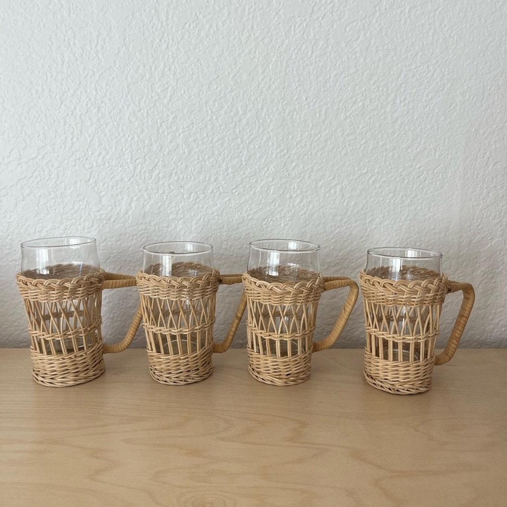 Vintage wicker rattan glass cups set of 4 from macys San Francisco imports